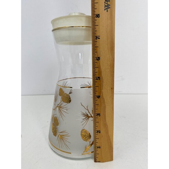 Vintage 8" MCM Frosted Gold Pinecone Glass Carafe Pitcher Barware Lid - Picture 8 of 8